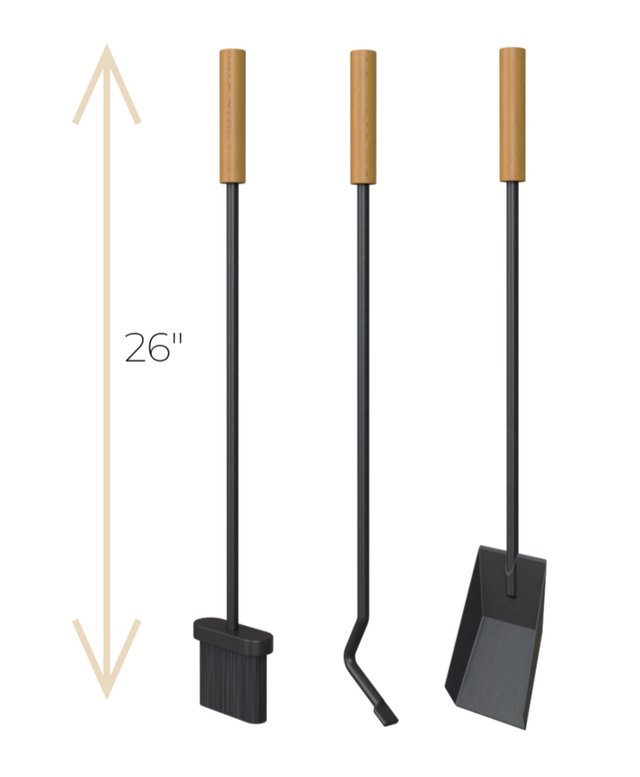 Set of three black fireplace tools with wooden handles on a white background, one tool is shown with a measurement label. The Rack Co.