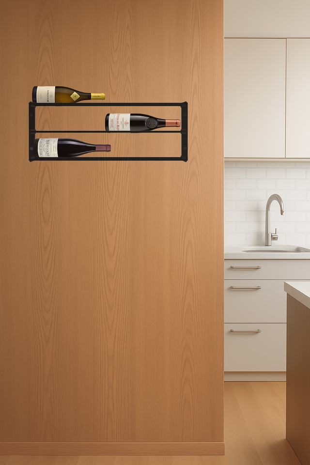 Wine bottles on a wall-mounted metal rack against a wooden panel in a modern kitchen. Horizontal Bottle Display from The Rack Co Canada