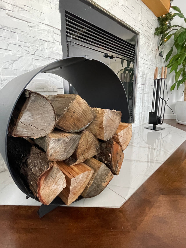 firewood rack modern black metal circular contemporary The Rack Co fireplace accessories