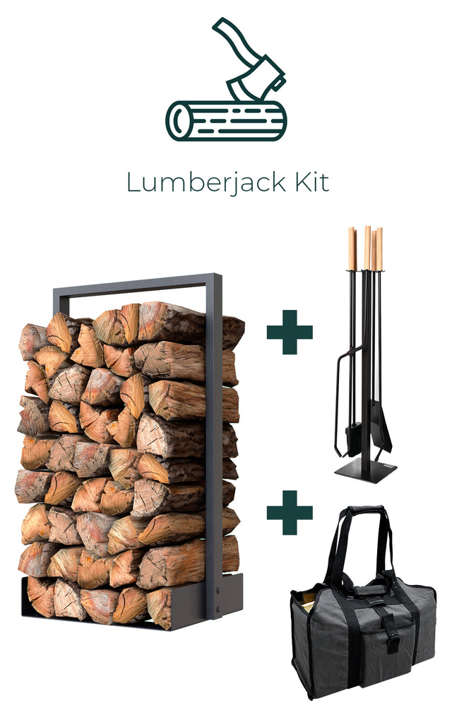 Lumberjack Kit including Nordic Firewood Rack Fireplace Tools and Grey Log Carrier Bag from The Rack Co for home or cottage chalet