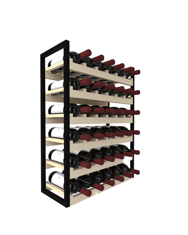 Large freestanding wine rack for 36 bottles with wood slats and black metal frame – stackable and secure for wine wall or cellar builds.