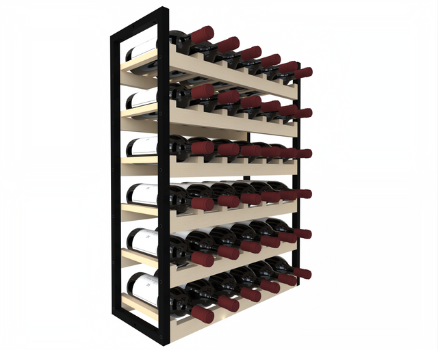 Large freestanding wine rack for 36 bottles with wood slats and black metal frame – stackable and secure for wine wall or cellar builds.