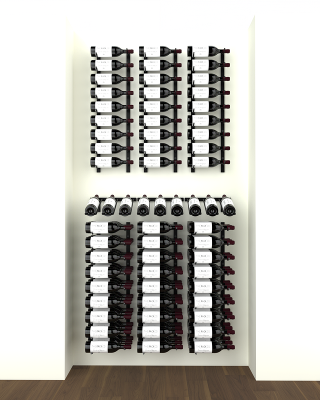 48-bottle wall-mounted wine rack kit with Classic racks and a Sommelier in column vertical display, perfect for creating a full wine wall or home wine cellar. The Rack Co Quebec Canada