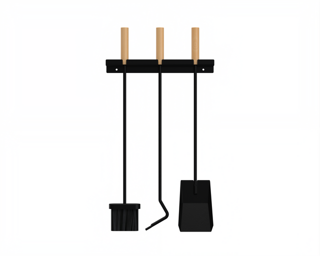 Set of wall-mounted black fireplace tools with wooden handles on a white background by The Rack Co