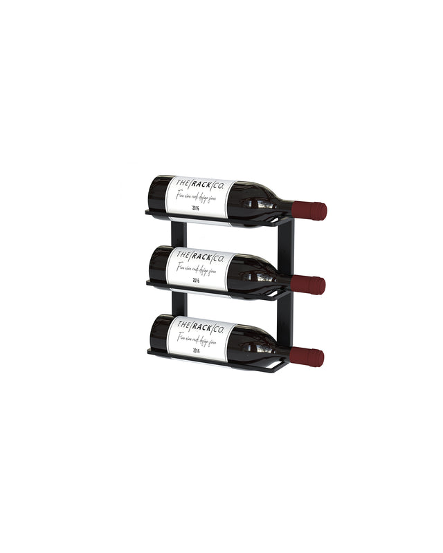 Architectural black metal wine rack system for 3 bottle by The Rack Co made for custom residential wine wall projects