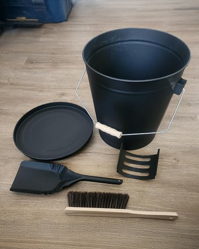 Fireplace ash bucket set with metal lid, shovel and hand brush