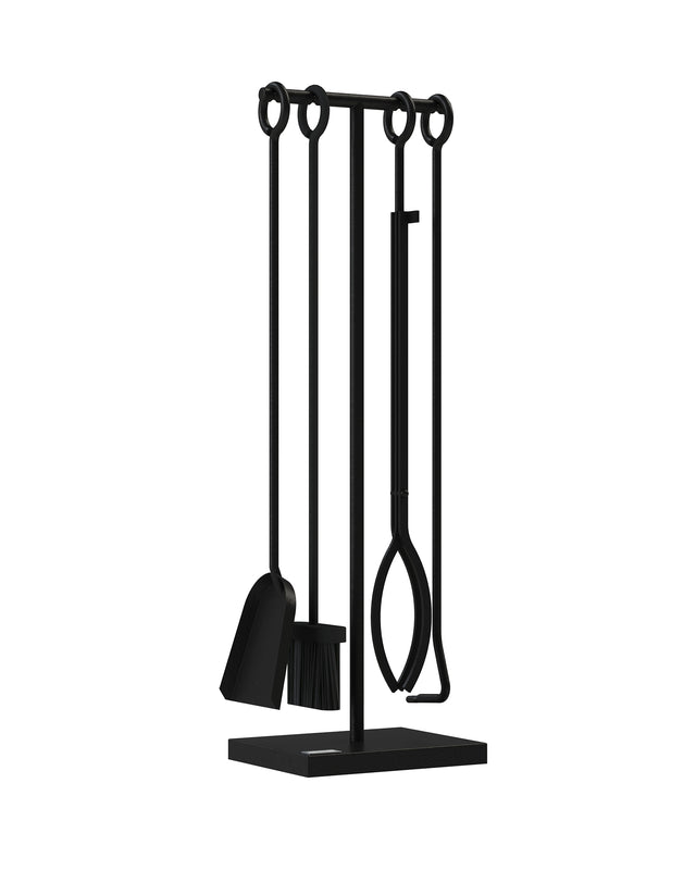 Black Iron 4-piece fireplace tool set with freestanding stand, including poker, tongs, shovel and broom.