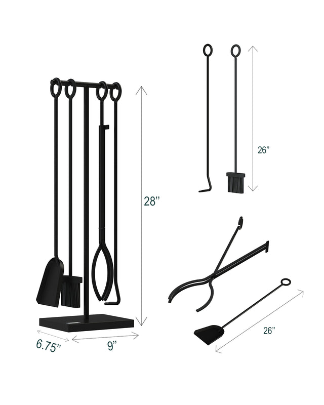 Dimensions of the Black Iron 4-piece fireplace tool set, including the assembled freestanding stand and individual tools.