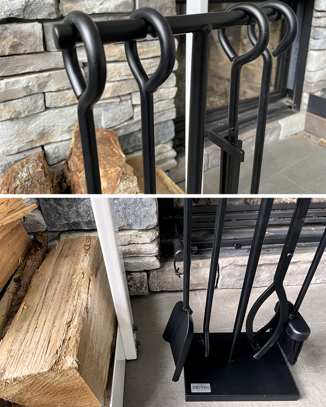 Close-up of the Black Iron fireplace tool set showing the handles, freestanding tool stand, four fireplace tools and base.