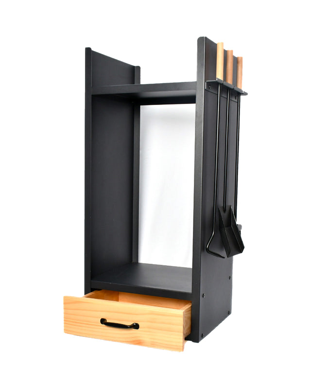 Complete vertical firewood rack with three fireplace tools, kindling shelf and built-in wooden storage drawer.