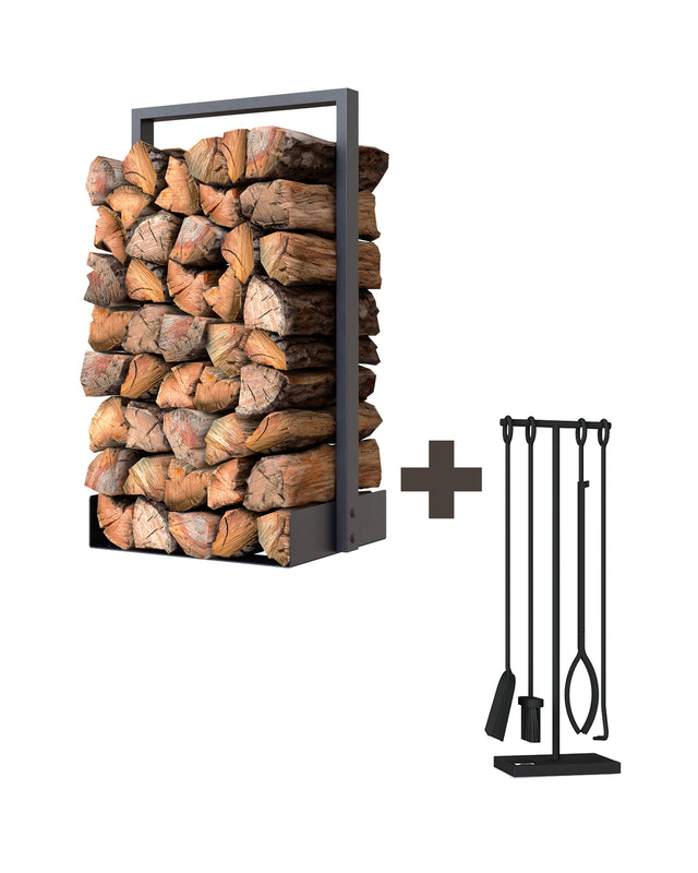 Cottage Kit with Nordic firewood rack and Black Iron fireplace tool set
