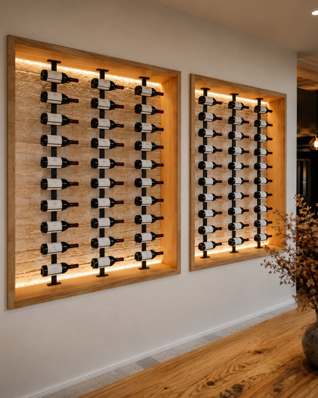 Custom Orford columns wine built-in niche with integrated lighting and label-forward bottle storage