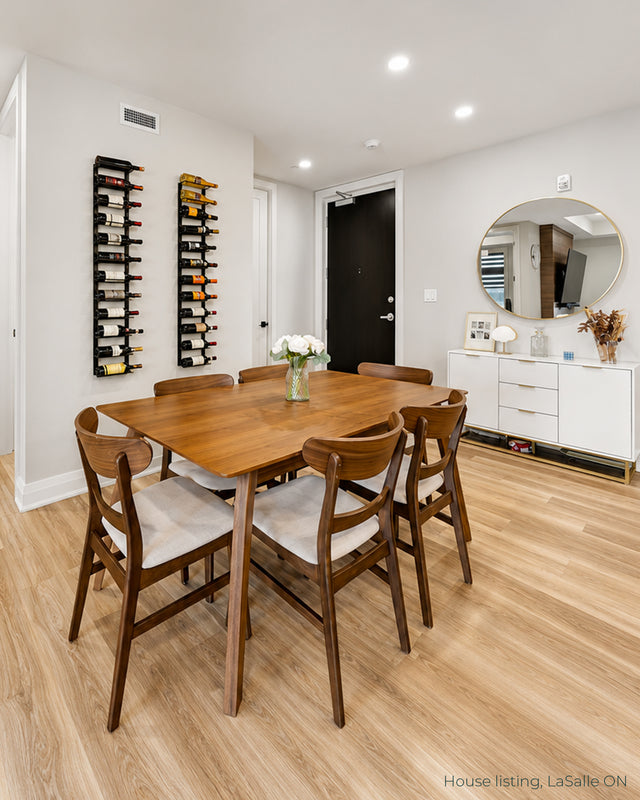 Modern dining room wine display featuring Double-Frame wall mounted wine racks by The Rack Co