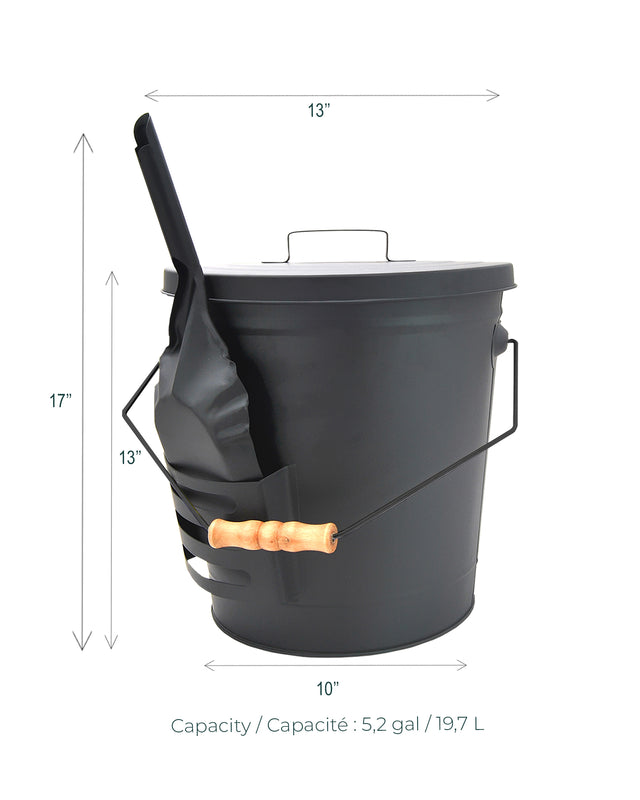 Fireplace ash bucket dimensions with 5.2-gallon capacity and side-mounted shovel