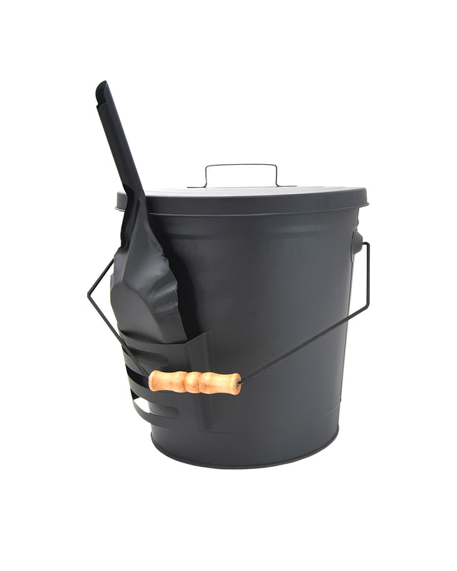 Black steel fireplace ash bucket with fitted lid, wood handle and side-mounted shovel