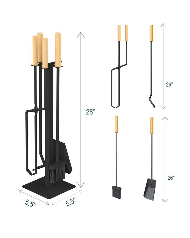Dimensions of the 4-piece fireplace tool set showing stand size and individual tool measurements.