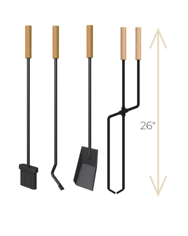 Dimensions of the 4-piece fireplace tool set showing stand size and individual tool measurements.