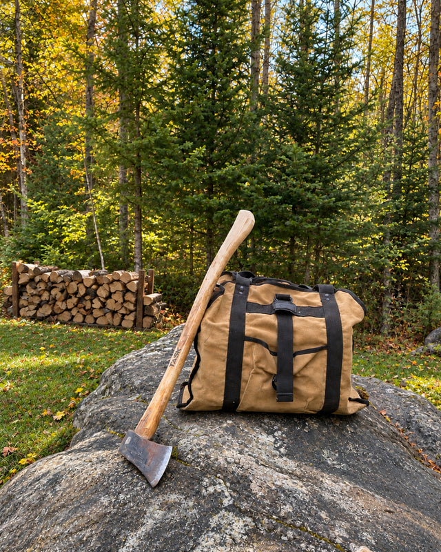 Tan beige waxed canvas firewood carrier beside an axe and outdoor woodpile