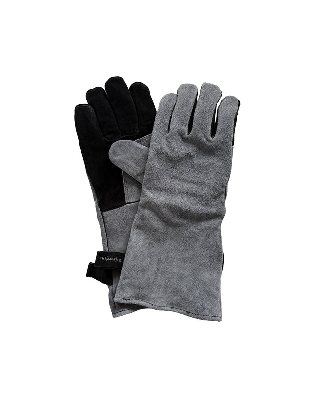 Heat-resistant leather fireplace gloves with extended 16-inch cuffs in grey and black