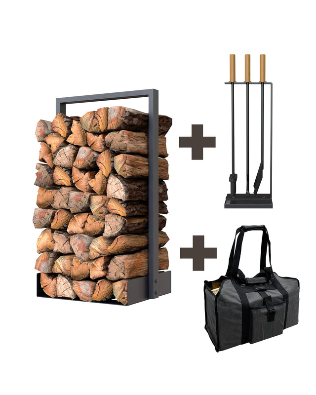 Lumberjack Kit with Nordic firewood rack, 3-piece wooden handle fireplace tools and grey log carrier bag