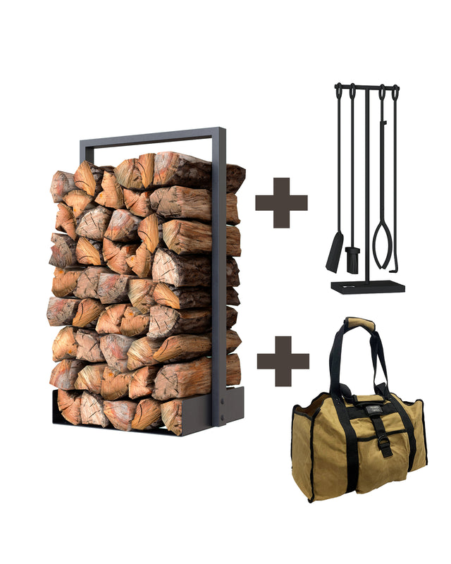 Lumberjack Kit with Nordic firewood rack, Black Iron fireplace tool kit and brown log carrier bag