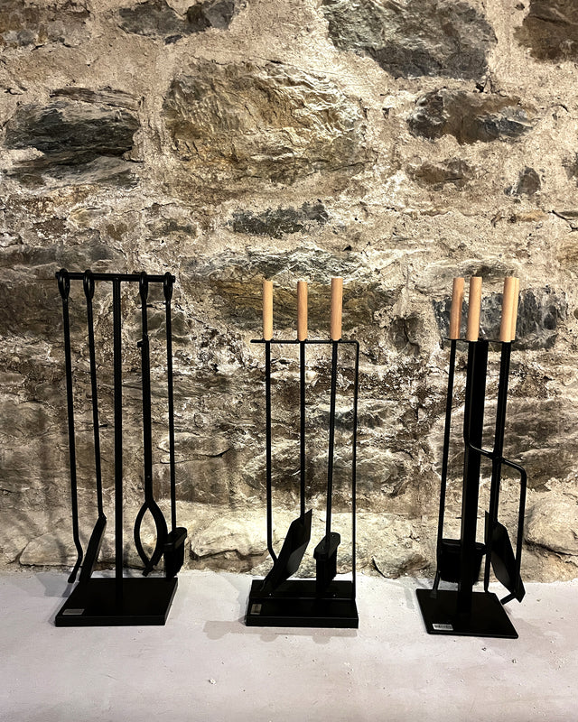 Lumberjack Kit fireplace tool options with Black Iron, 3-tool and 4-tool wooden handle sets