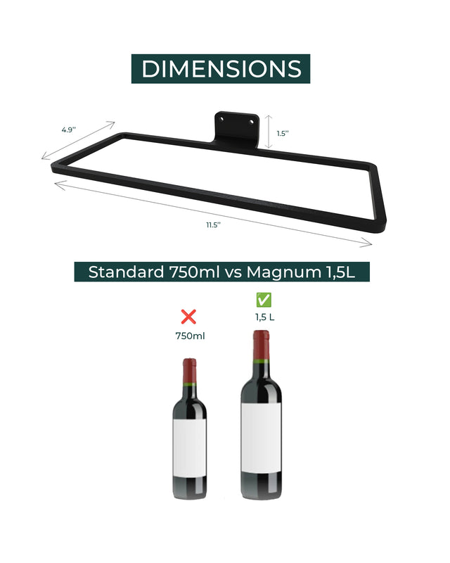 Wine bottle holder with dimensions and comparison of standard 750ml vs Magnum 1,5L bottles. The Rack Co Quebec Canada