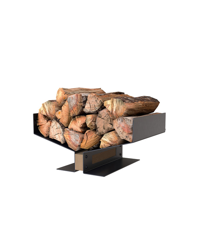 Midcentury modern firewood rack in black steel with Canadian walnut insert and stacked firewood