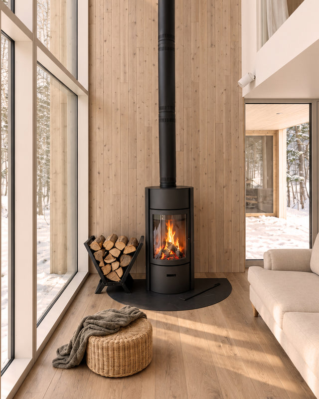 Model V black steel firewood rack holding logs beside a modern wood-burning stove inside a scandinavian cottage