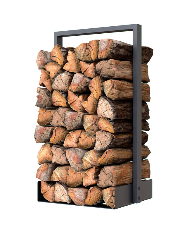 Nordic black steel firewood rack filled with logs for indoor or outdoor firewood storage