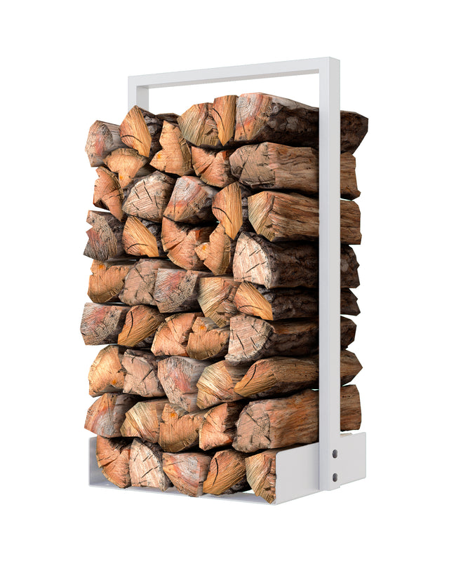 Nordic white steel firewood rack filled with logs for indoor or outdoor firewood storage