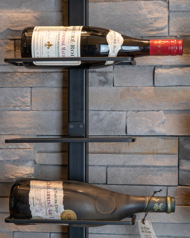 Close-up of Orford steel wine bottle holder handcrafted in Canada