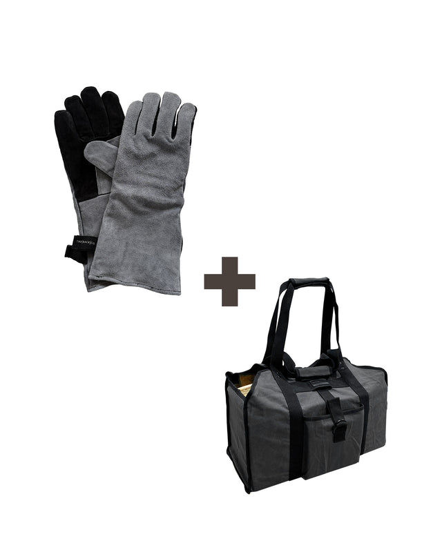 Take-Out Kit with heat-resistant leather gloves and black canvas firewood carrier bag by The Rack Co
