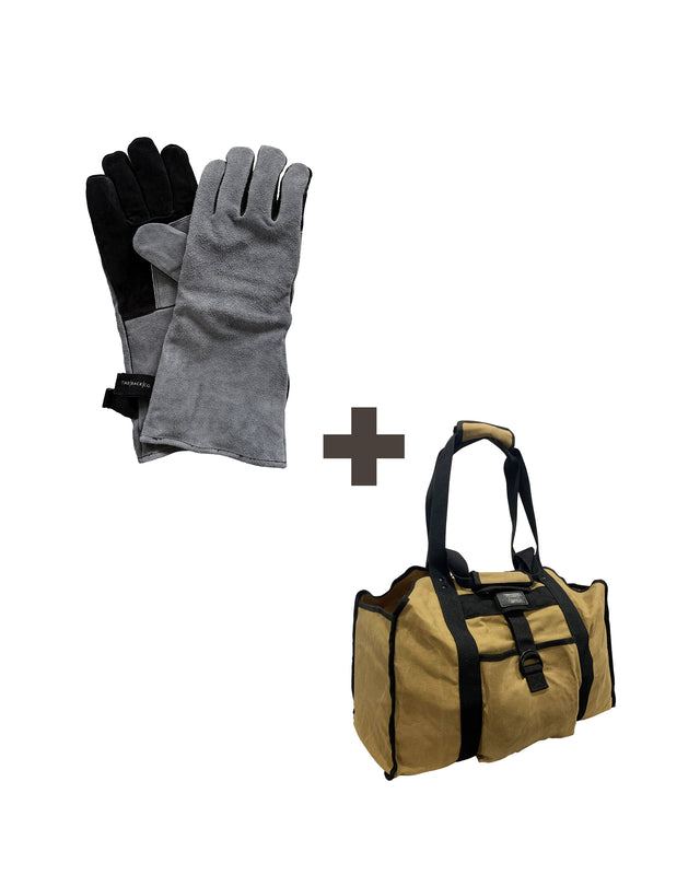 Take-Out Kit with heat-resistant leather gloves and brown canvas firewood carrier bag by The Rack Co Quebec Canada