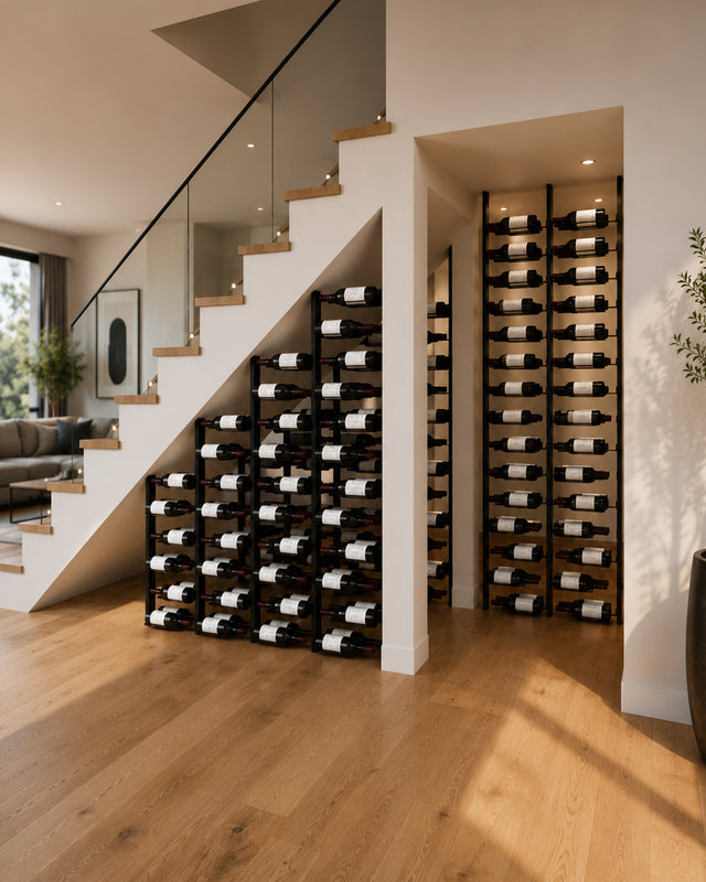 Orford modular wine cellar columns installed in a custom under-stair wine display