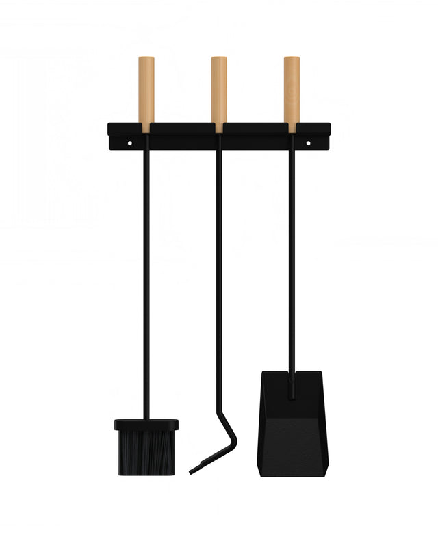 Wall-mount 3-tool fireplace set with wooden handles, including poker, broom and shovel with black steel bracket.