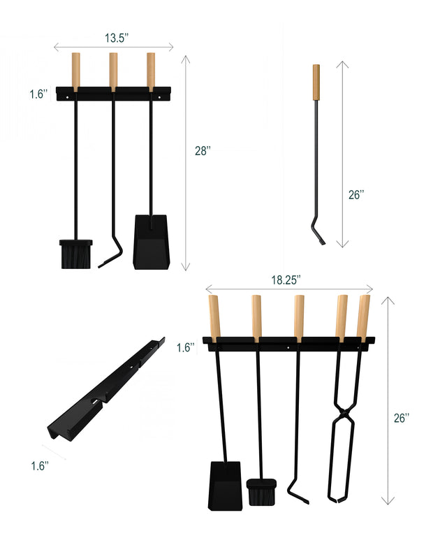 Dimensions of the wall-mount fireplace tool set, including 3-tool and 4-tool brackets and fireplace tool length.